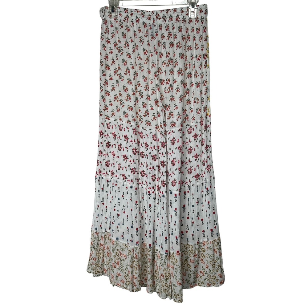 Sacred Threads Floral Wide Leg Pants L/XL Tiered Boho Rayon Flowy Mixed Print
